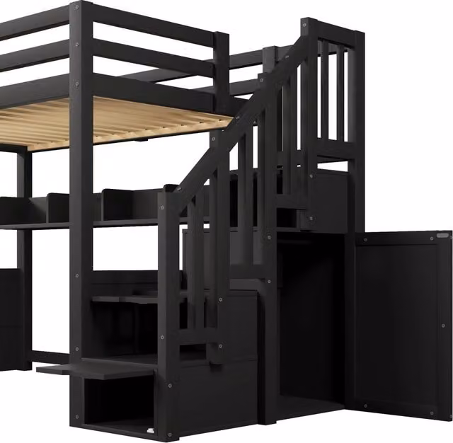 Letto a soppalco nero 90x200 con scale contenitore, armadio e luci LED