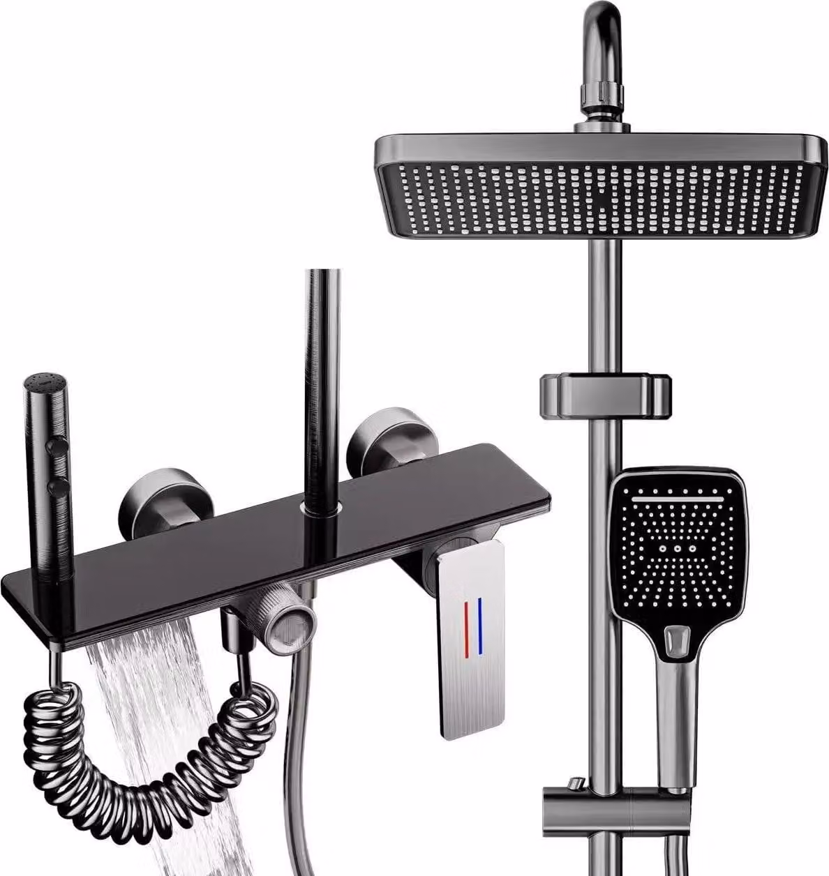 Sistema doccia per vasca da bagno - Doccia a pioggia con rubinetteria per vasca - Doccetta e doccetta igienica - Ottone - Regolabile in altezza - Nero