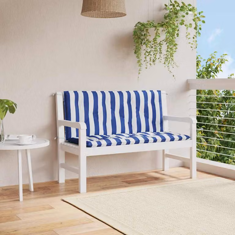 Set di 2 cuscini per panca da giardino vidaXL con motivo a righe marittime bianche e blu, in tessuto impermeabile e resistente ai raggi UV, L 120 cm x P 50 cm x H 7 cm