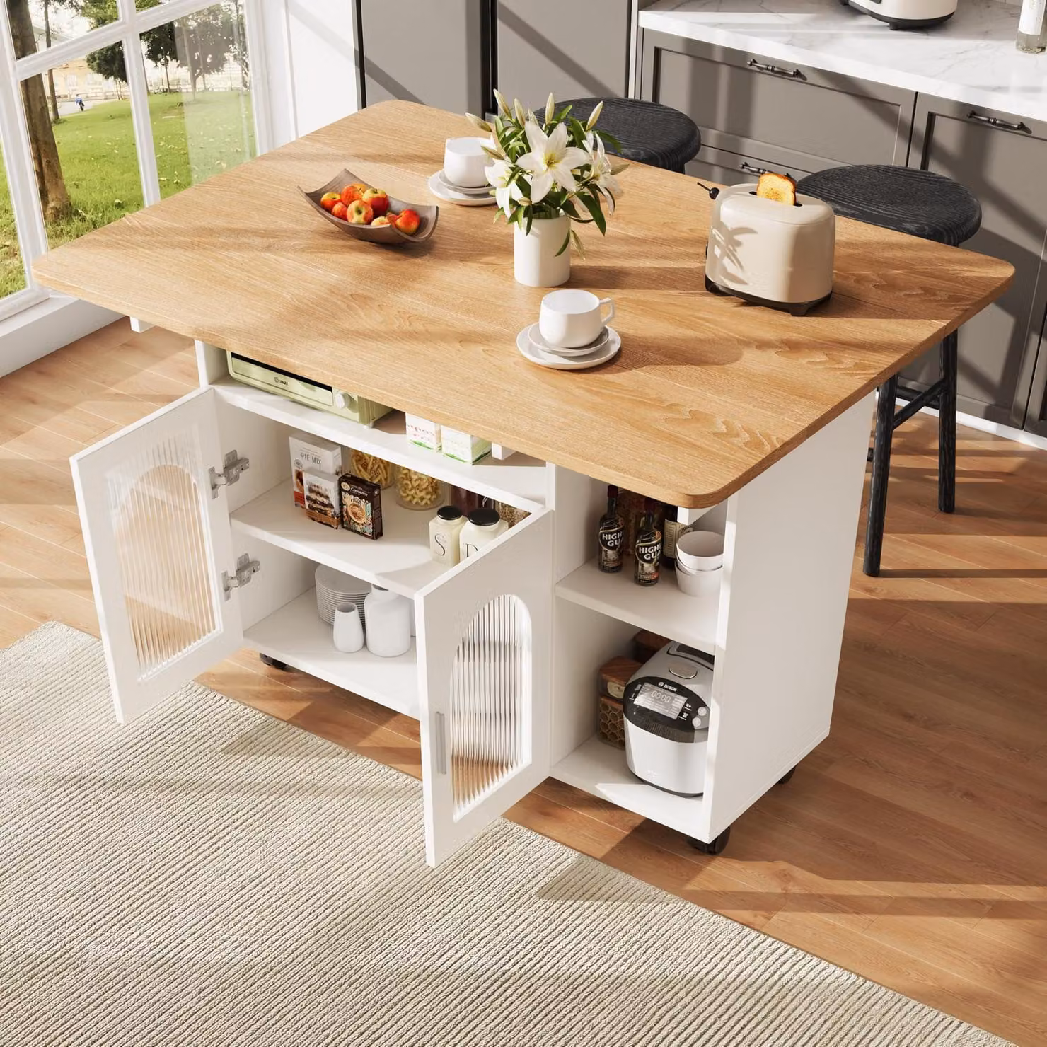 Isola da cucina con ruote e piano ribaltabile, colore bianco, dimensioni 120x30x79,5 cm