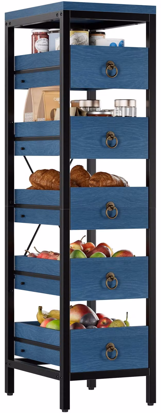 Mobiletto da cucina con 5 cassetti, organizer per verdura, frutta e spezie, modello freestanding, colore blu denim