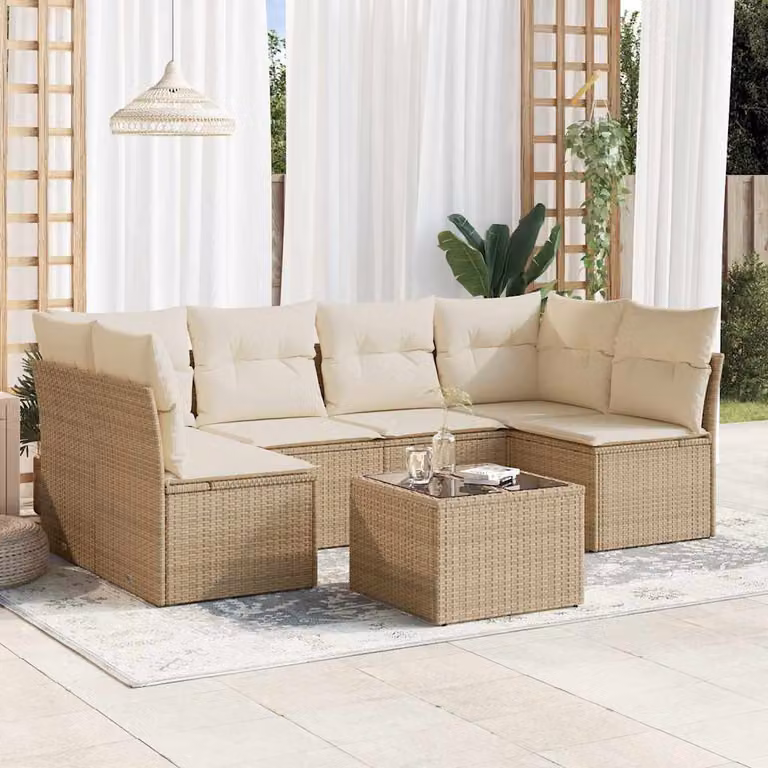 vidaXL Set Divani da Giardino 7 pz in Polyrattan con Cuscini Beige e Tavolino da Esterno