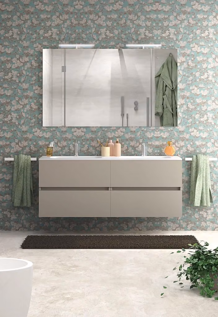 Mobile da Bagno Sospeso Bali Light Double con Lavabo e Specchio con LED Giordanoshop Beige L: 120 cm, P: 46,5 cm, H: 50 cm – 2