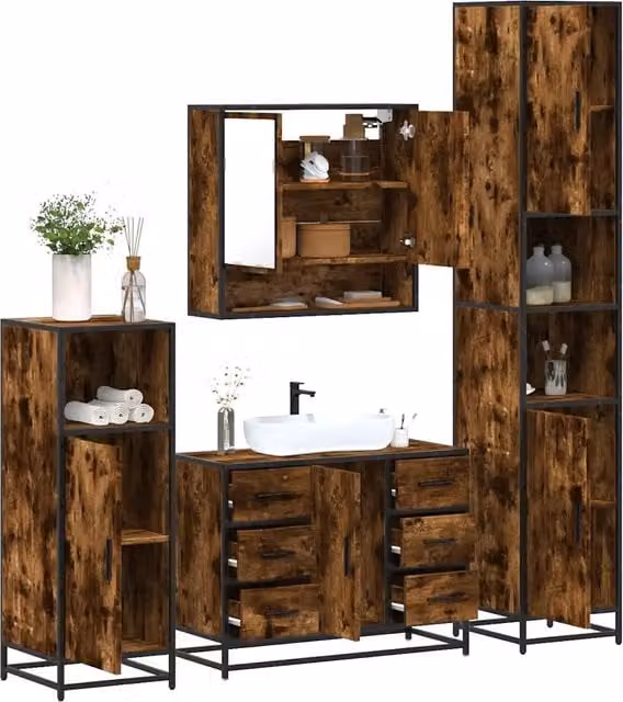 Set di mobili da bagno industrial vidaXL in legno e metallo marrone composto da armadietto con specchio, mobile lavabo, mobile laterale e colonna alta – 1