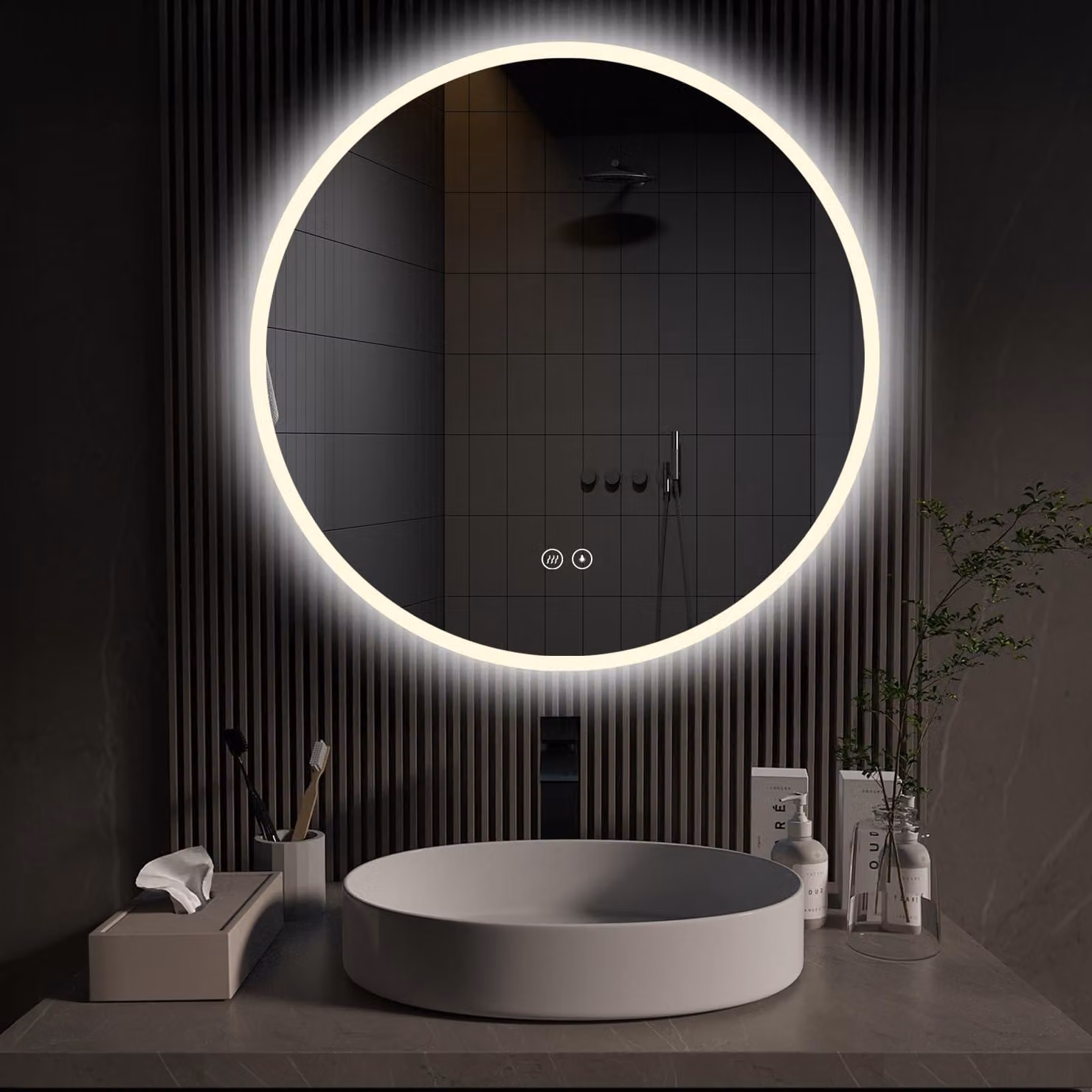 Specchio da bagno LED rotondo, diametro 60 cm, con interruttore touch, funzione antiappannamento e memoria