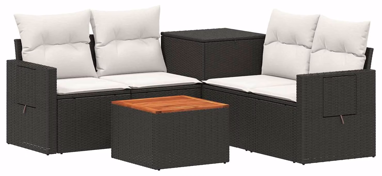 Set di divani da esterno, 6 pezzi. Colore: nero e crema. Materiali: rattan sintetico e acciaio