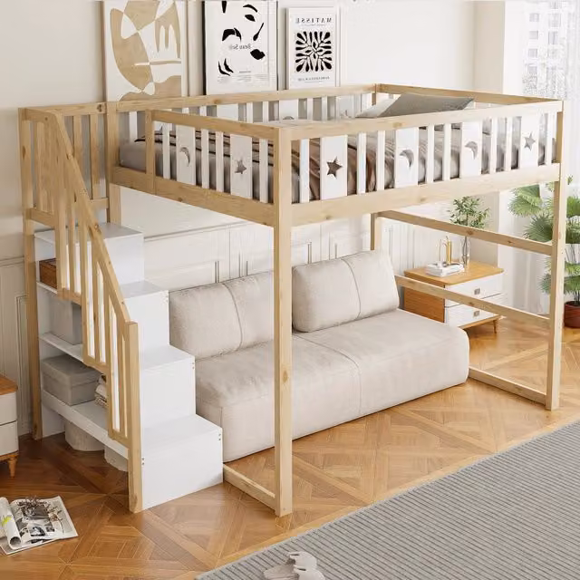 Letto a castello per bambini 140 x 200 cm con scala, soppalco in legno massello, spondina di sicurezza, decorazione stella e luna