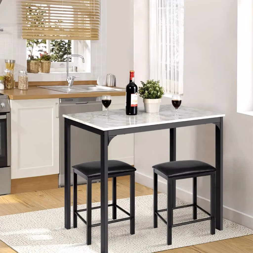 Set da pranzo moderno composto da tavolo rettangolare e 2 sgabelli senza schienale in similpelle, colore bianco con finitura lucida – 2