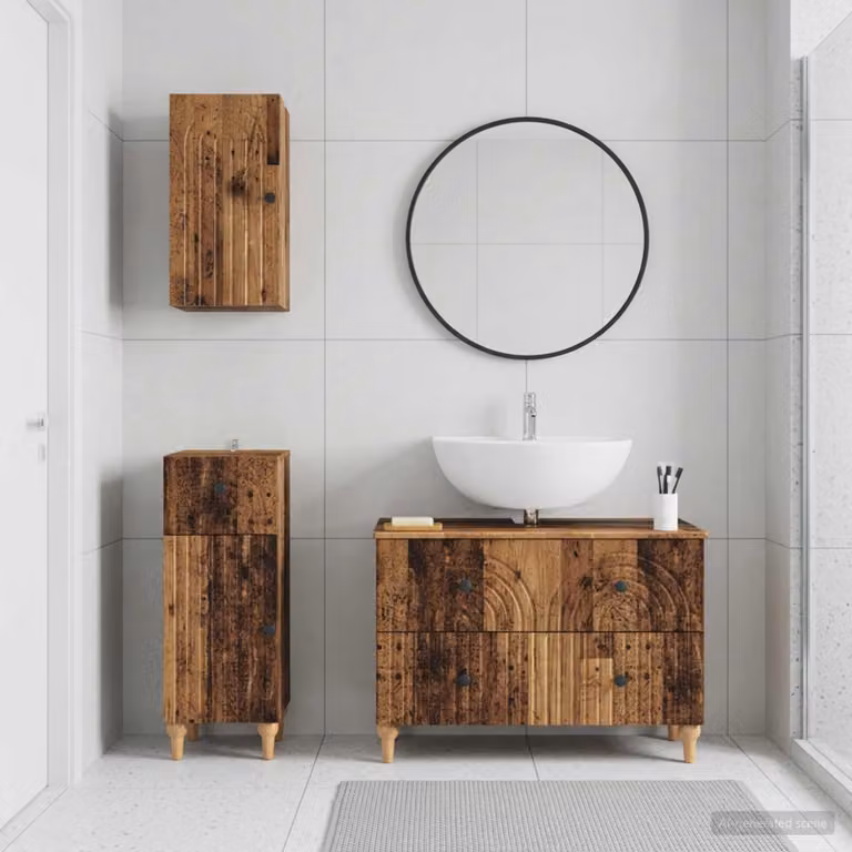 Set di armadietti da bagno vidaXL ALKMAAR in 3 pezzi in legno marrone con vanità e pensili a muro