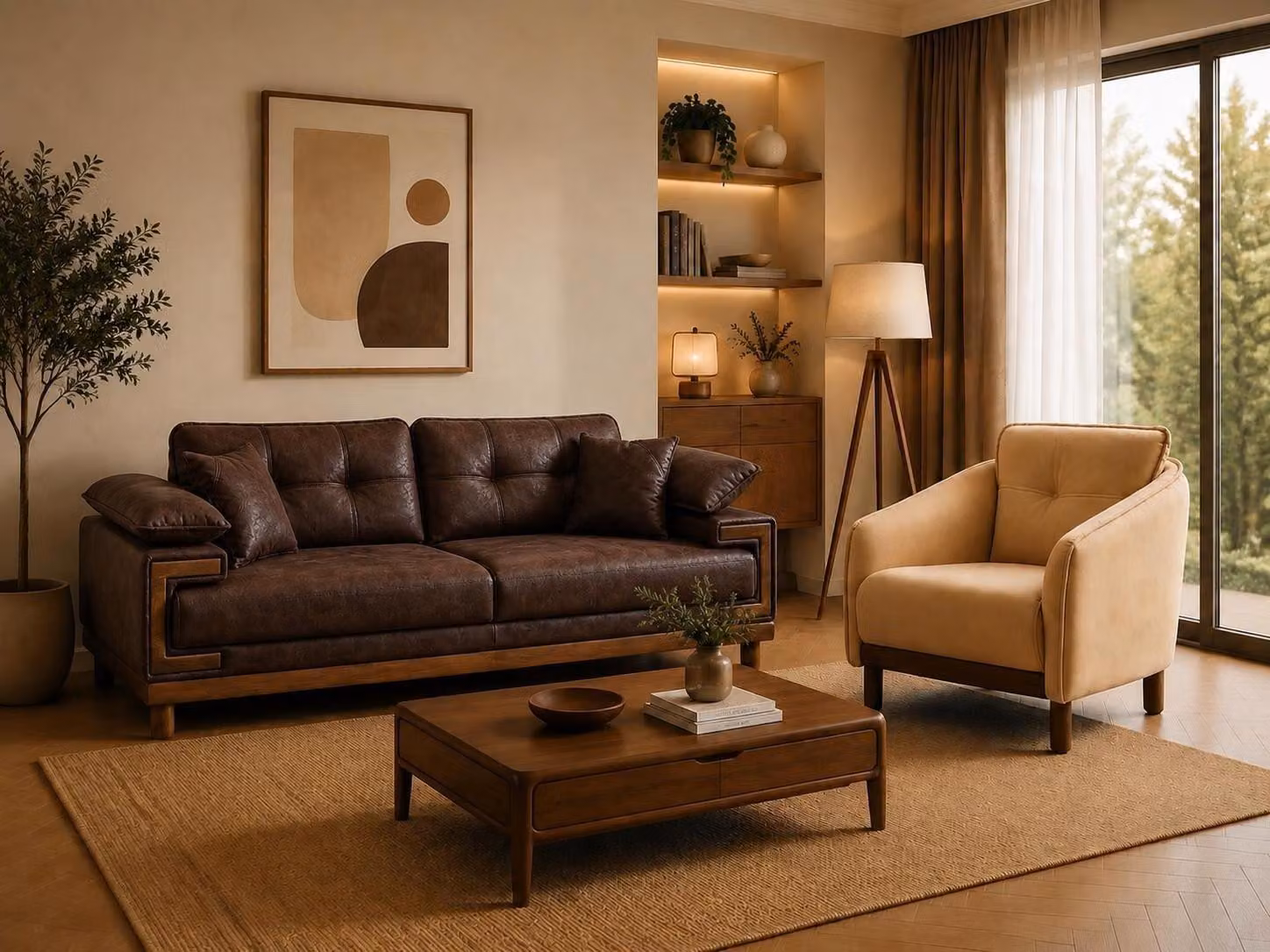 Beige 3-Sitzer Sofa Sessel Set Braun Modern Stoff Wohnzimmer