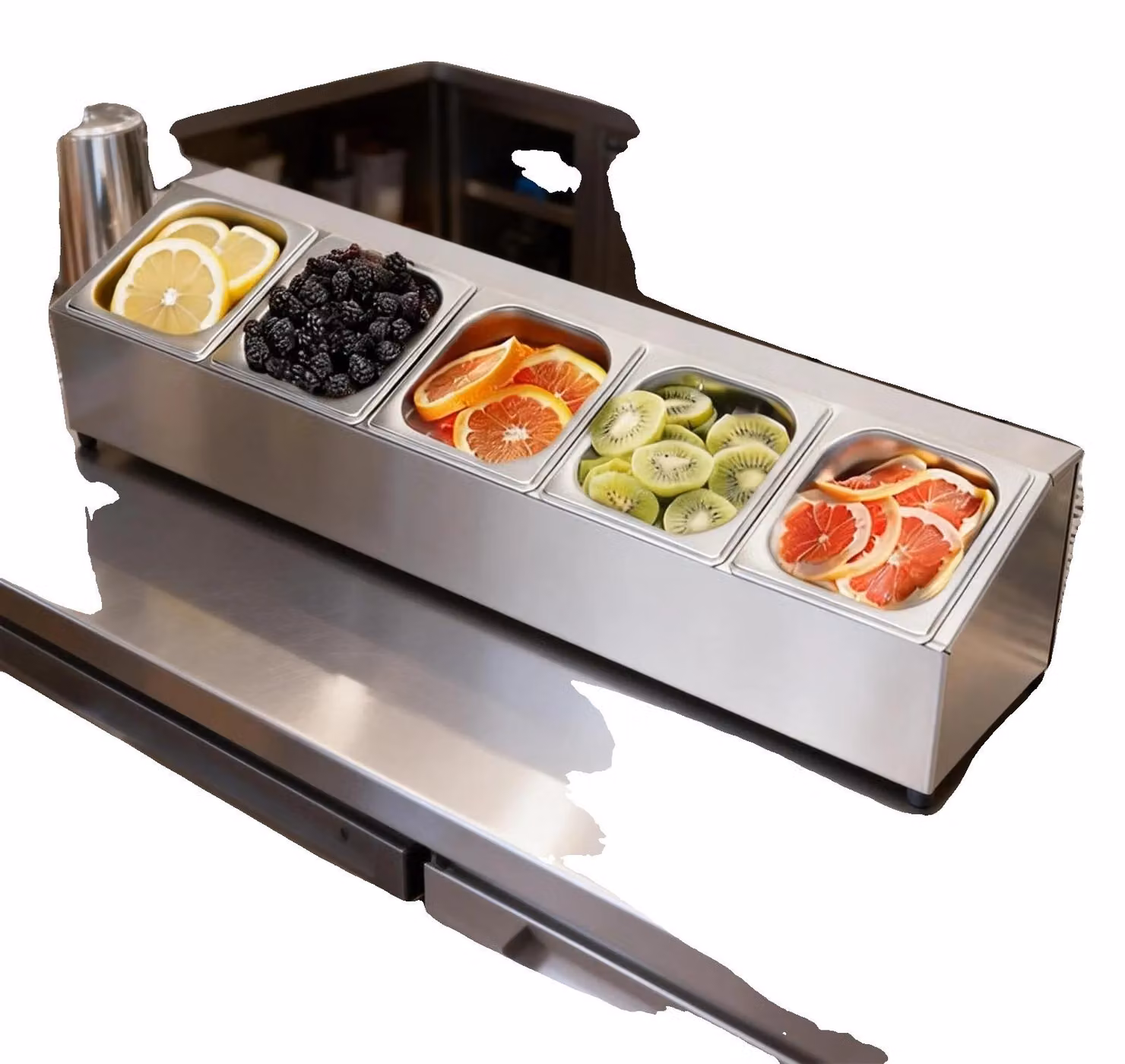 Porta pentole Gastronorm, acciaio inossidabile, dimensioni 39,4 x 29,2 x 36,1 cm, design con supporti inclinati, capacità per 5 contenitori Gastronorm 1/6, organizer versatile per spezie