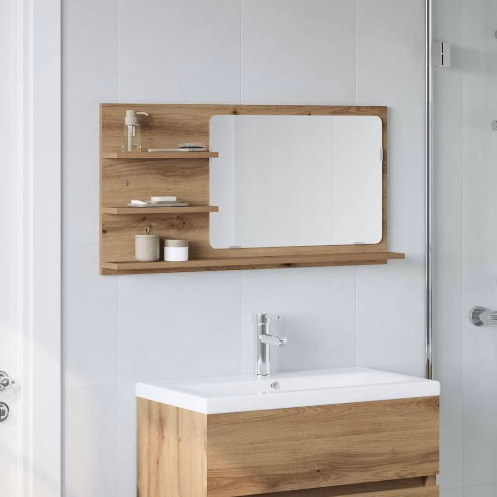 Mobiletto da bagno con specchio vidaXL in rovere marrone, design moderno con ante in vetro e ripiani interni, L 90 cm x P 11 cm x H 45 cm