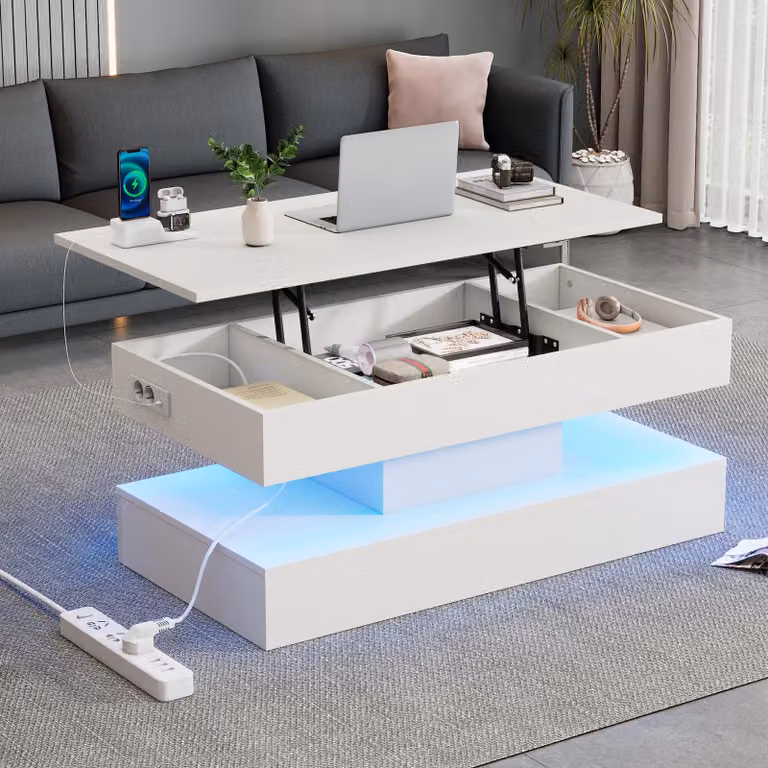 Tavolino da caffè con LED e sistema di sollevamento idraulico, vano contenitore nascosto, design moderno