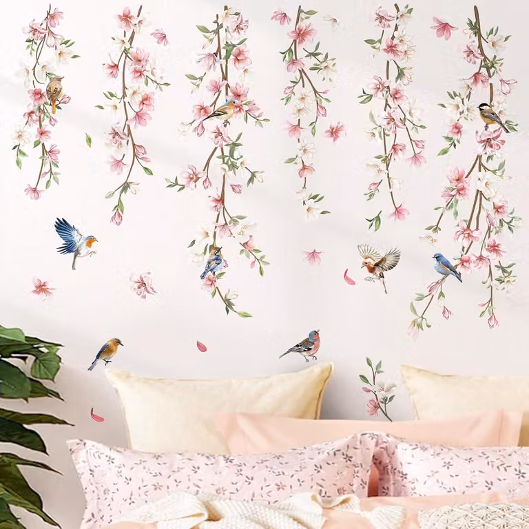 Adesivo murale con fiori appesi - fiori rosa - per camera da letto e soggiorno - 1 set