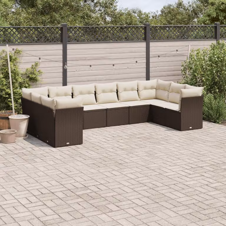 Set di Divani da Giardino a L vidaXL con Cuscini Marroni e Bianchi in Polyrattan e Metallo