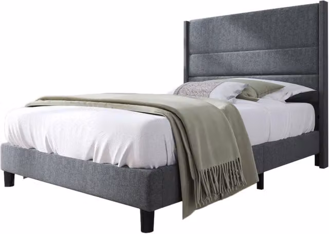 Letto singolo 90x200 in lino grigio con testiera e rete a doghe