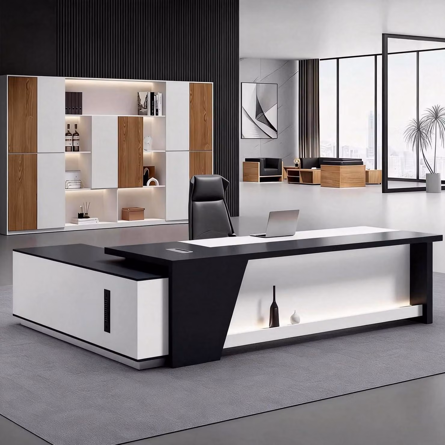 Scrivania a forma di L con spazio contenitore, colore nero e bianco, dimensioni 200x80x75 cm