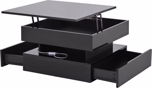 Tavolino da salotto nero 65x65x38,5 cm con piano sollevabile, 2 cassetti e illuminazione LED controllata via app