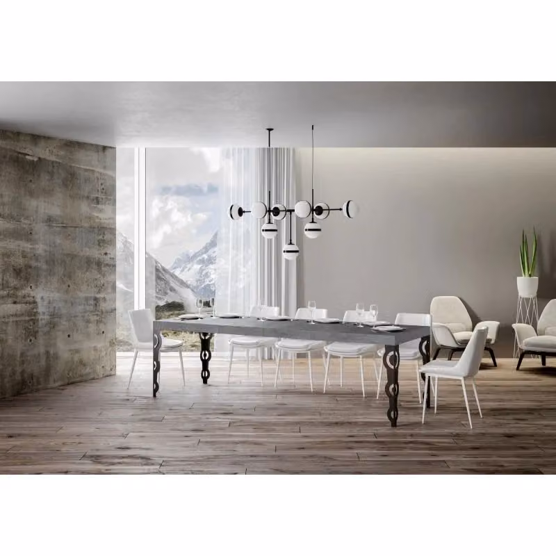 Tavolo allungabile moderno ITAMOBY con piano in laminato effetto cemento e telaio in metallo antracite, L: 200/304 x P: 90 cm – 2