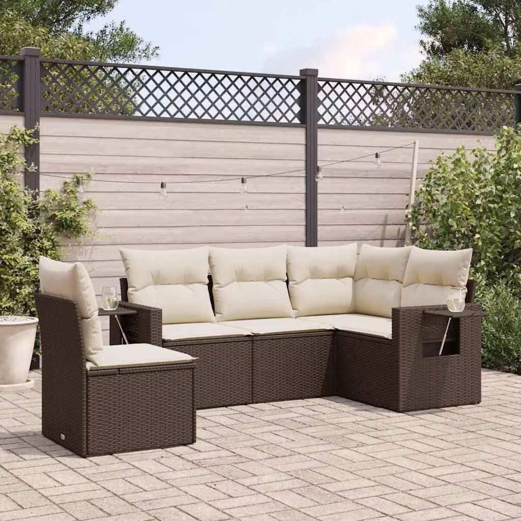 vidaXL Set Divano da Giardino a L 5 pz in Polyrattan Marrone con Cuscini Imbottiti e Tavolino – 1