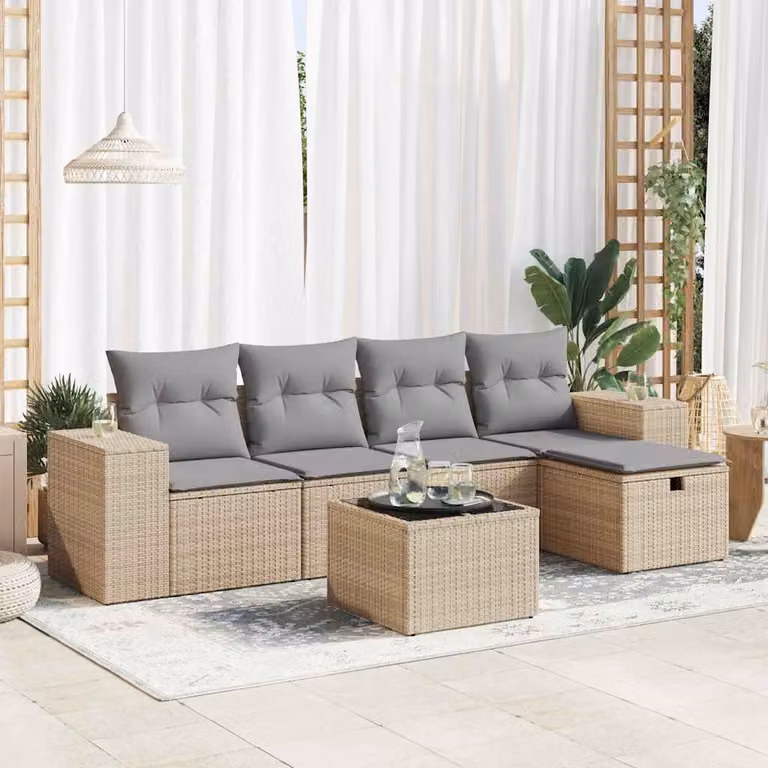 Set Divano da Giardino vidaXL 6 pz in Polyrattan con Cuscini Beige e Grigio a Forma di L con Tavolino e Ottoman