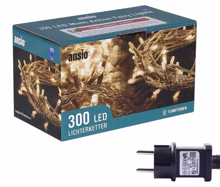 Catena luminosa da 30 metri, con 300 LED, luce bianco caldo, cavo verde, 8 effetti