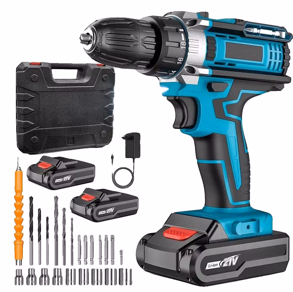 Trapano avvitatore a batteria, 21V, coppia massima di 32 Nm, doppia velocità 0-700 giri/min / 0-1500 giri/min, capacità della batteria 1500 mAh, luce LED integrata