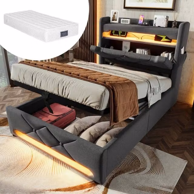 Letto Singolo Imbottito con Contenitore Idraulico e LED ¨C MINIMAL ¨C Grigio, 90x200