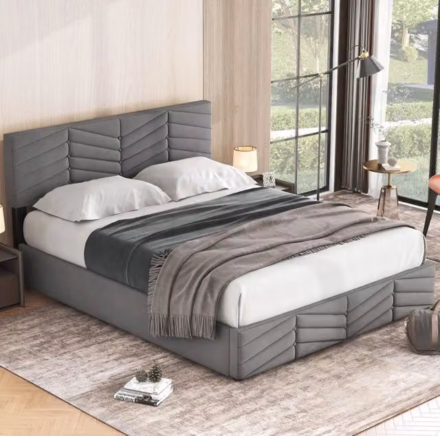 Letto imbottito matrimoniale 140x200 in velluto grigio con contenitore e testiera regolabile