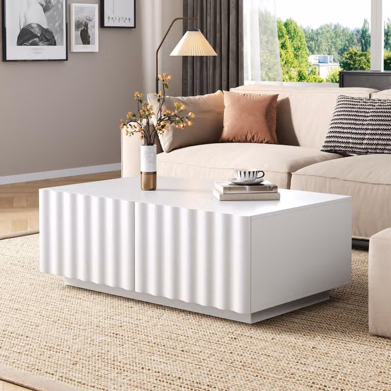 Tavolino Merax con motivo a onde, tavolino da salotto con 2 cassetti, tavolino da divano moderno con vano portaoggetti, tavolino minimalista in MDF, bianco
