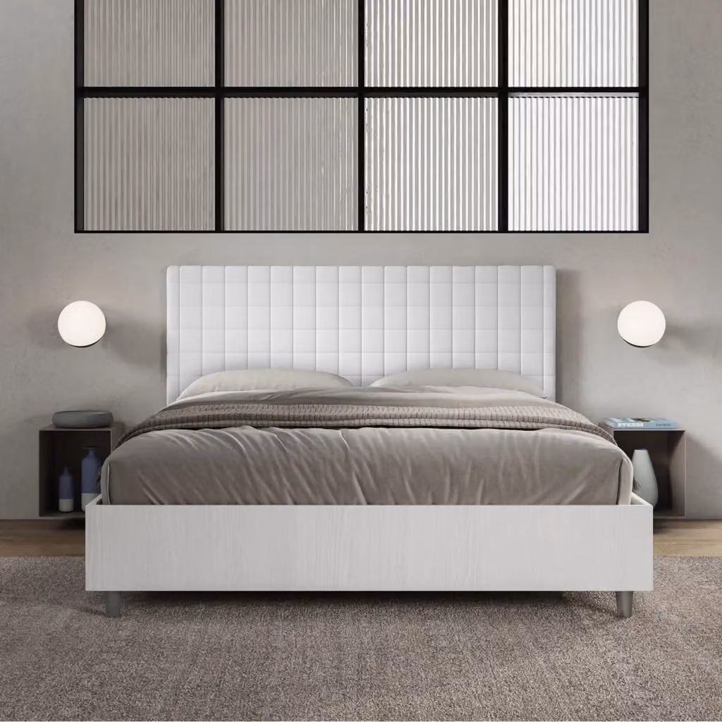 Letto Matrimoniale con Contenitore a Alzata Giordanoshop, Struttura Bianco Frassico e Testata in Similpelle, L: 167 cm, P: 198 cm, H: 113 cm – 2
