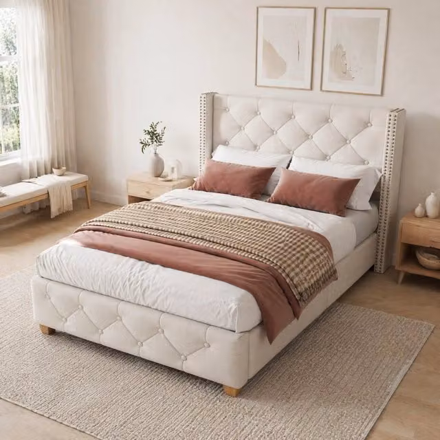 Letto imbottito 90x200 cm in lino beige con testiera trapuntata a bottoni e 12 doghe