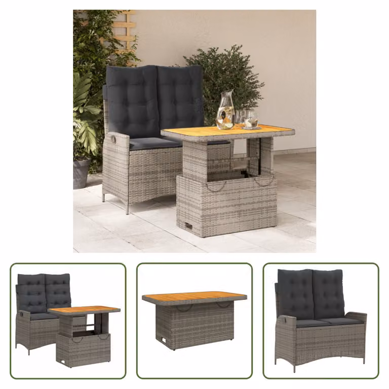 The Living Store Set da pranzo da giardino 2 pezzi con cuscini in poly rattan grigio