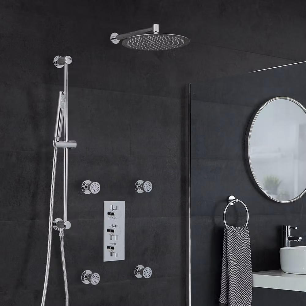 Colonna Doccia Termostatica Mirage con Miscelatore, Soffione Rain 300mm, Asta Saliscendi, Doccetta e Idrogetti Massaggio, Colore Argento/Cromo