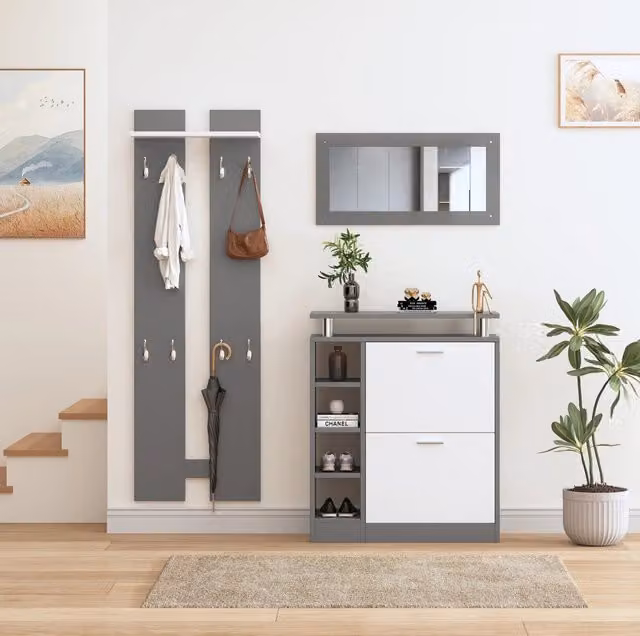 Set guardaroba da parete grigio antracite opaco 80x25x96,5 cm con specchio, 2 pannelli a muro, scaffale e scarpiera