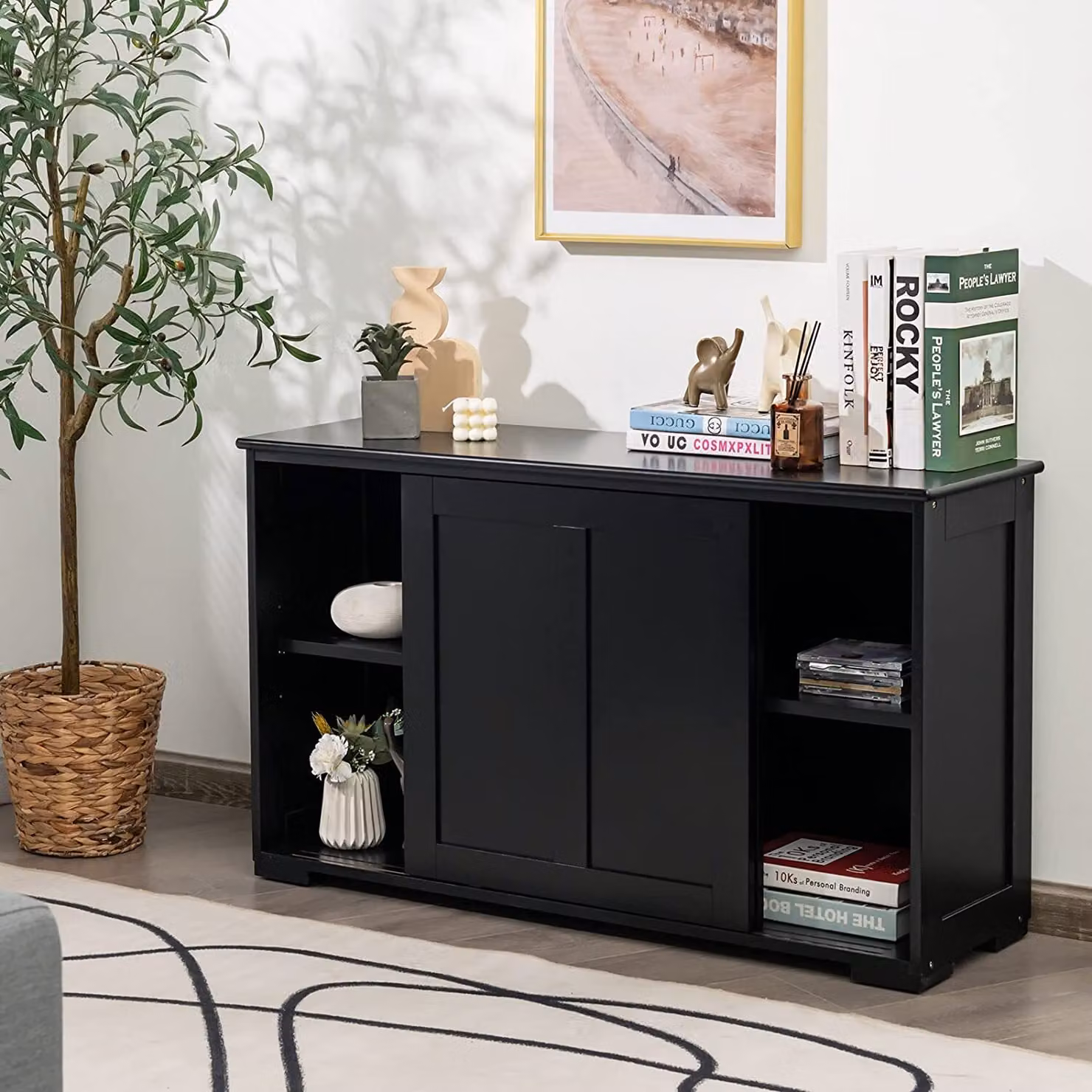 Credenza COSTWAY, mobile da cucina con ante scorrevoli, ripiano regolabile in altezza, mobile laterale per cucina, sala da pranzo e soggiorno, 107 x 33 x 60 cm