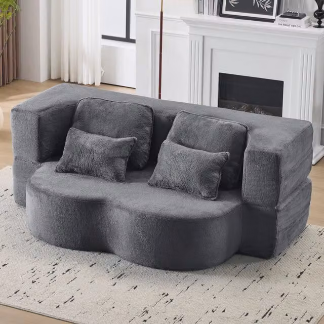 Divano letto da pavimento moderno WISHDOR in velluto blu e grigio con schiuma ad alta densità e 4 cuscini – 1
