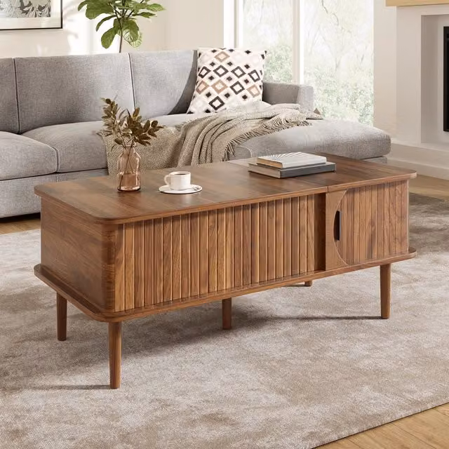 Tavolino basso alzabile con piano sollevabile anta scorrevole in MDF effetto noce gambe in legno 100 × 48 × 55.5 cm