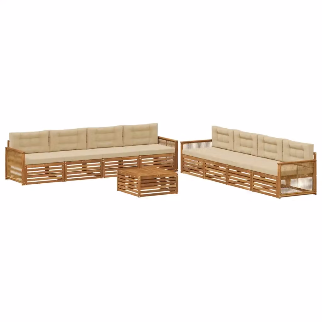Set di divani da esterno a forma di U vidaXL in legno di acacia con tavolino e cuscini, colore beige e marrone – 2