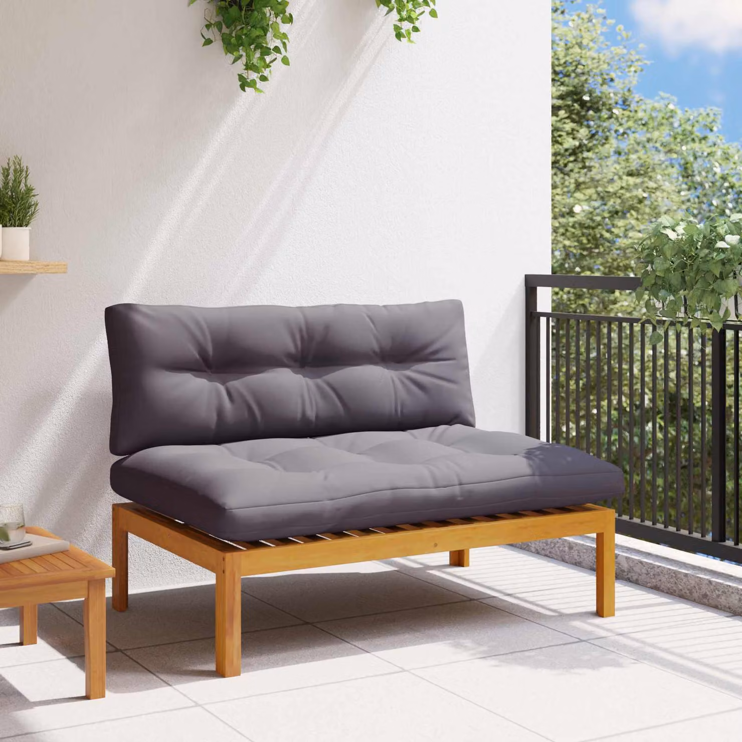 Unità Divano Centrale vidaXL in Legno di Acacia con Cuscini Imbottiti, Grigio e Marrone, L: 120 cm, P: 80 cm, H: 42 cm