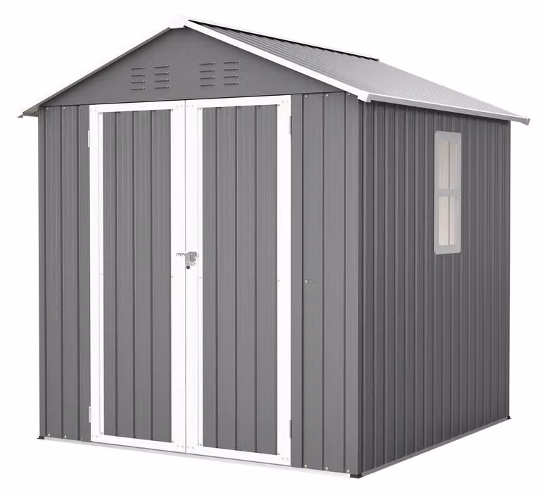 Capanno da giardino in metallo, dimensioni 185x182x191 cm, con finestra e tetto a falde, resistente alle intemperie, colore grigio