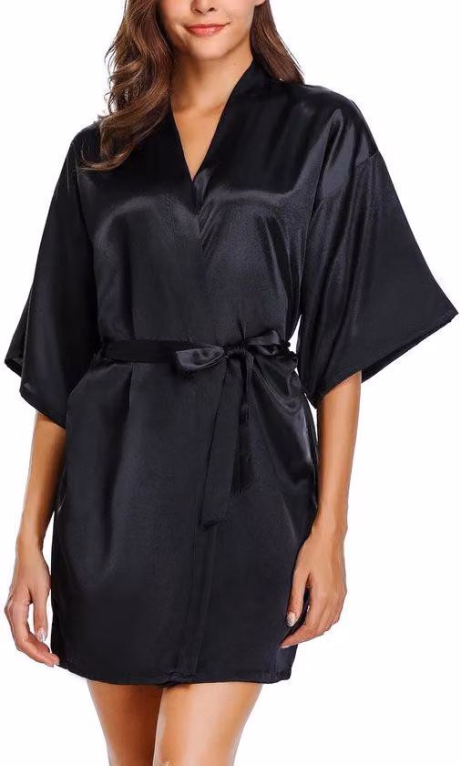 Kimono, accappatoio in raso, indumento da notte corto, nero