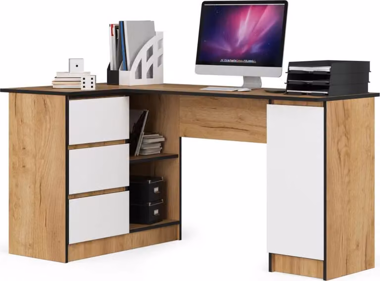 Scrivania angolare SILAN - rovere craft / bianco, versione a sinistra