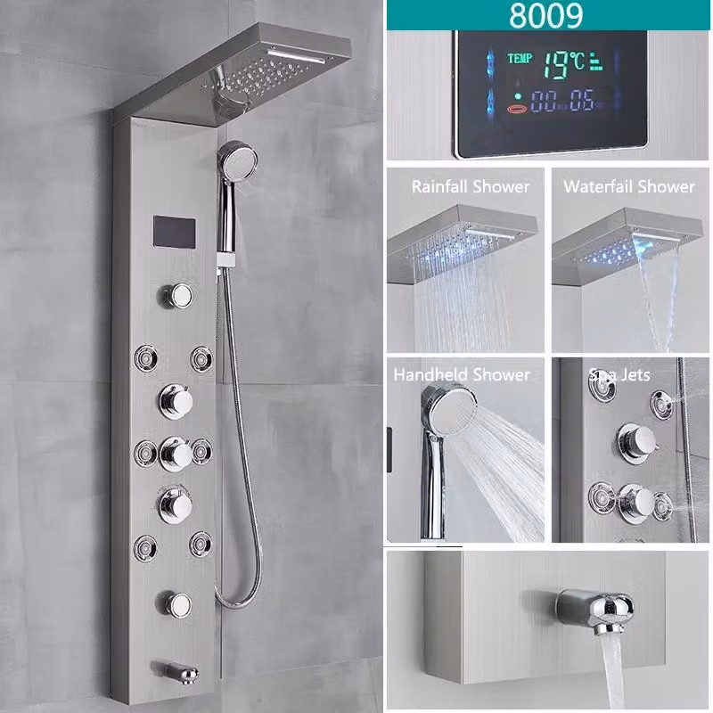 Pannello doccia LED - Sistema doccia a pioggia - Vasca da bagno - Display digitale della temperatura - 4 getti massaggio corpo - Acciaio inossidabile 304 - Miscelatore a 3 manopole - Finitura nichel spazzolato 8009