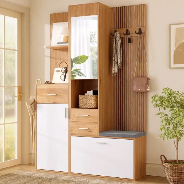 Garderoba da ingresso 120x32x178 cm multifunzione con specchio e LED in MDF; truciolato naturale bianco