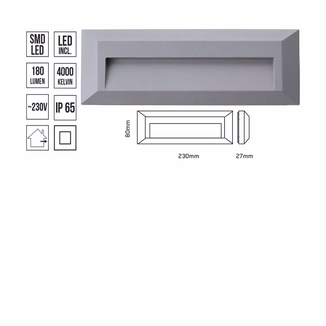 Lampada da parete a LED RADIX, 3W, 4000K, IP65, grigio, L: 230, B: 27, H: 80, Attacco: LED SMD