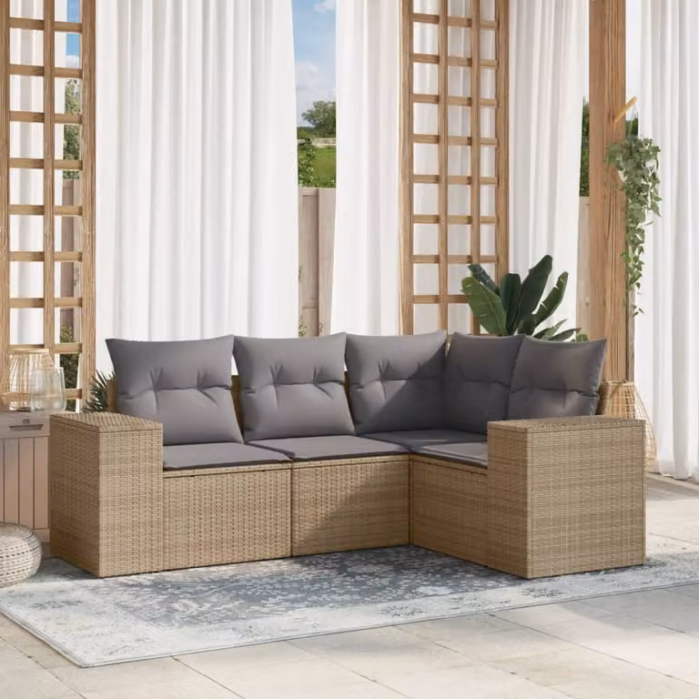 vidaXL Set Divano da Giardino a L 4 pz in Polyrattan con Cuscini Beige e Grigio