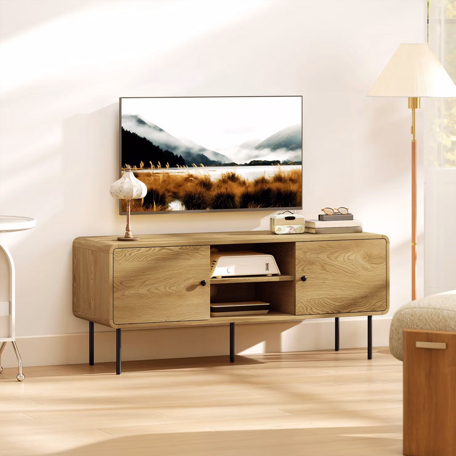 Mobile TV HOMCOM in Rovere con 2 ante e 2 scomparti aperti e piedi in acciaio, L 120 x P 40 x H 50 cm – 2
