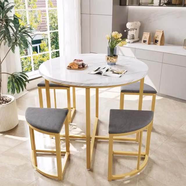 Set tavolo da pranzo rotondo con 4 sedie in velluto, MDF e metallo bianco e grigio