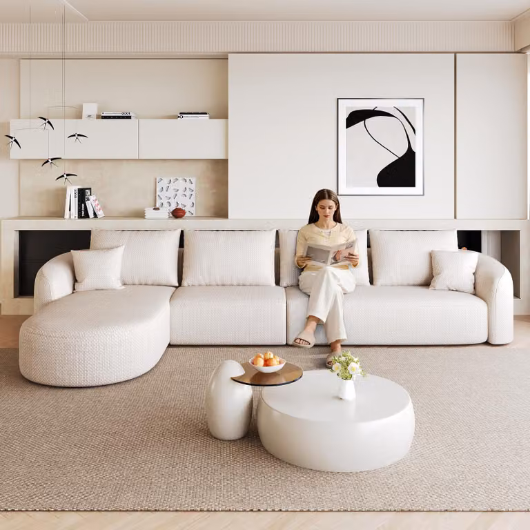 Divano angolare STILVORA, 336 cm, a forma di L, imbottito con spugna, divano modulare senza necessità di montaggio, divano per soggiorno, colore bianco